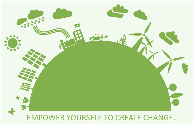 Cheerful illustration of a green globe that reads Empower yourself to create change.