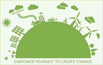 Cheerful illustration of a green globe with the words Empower yourself to create change